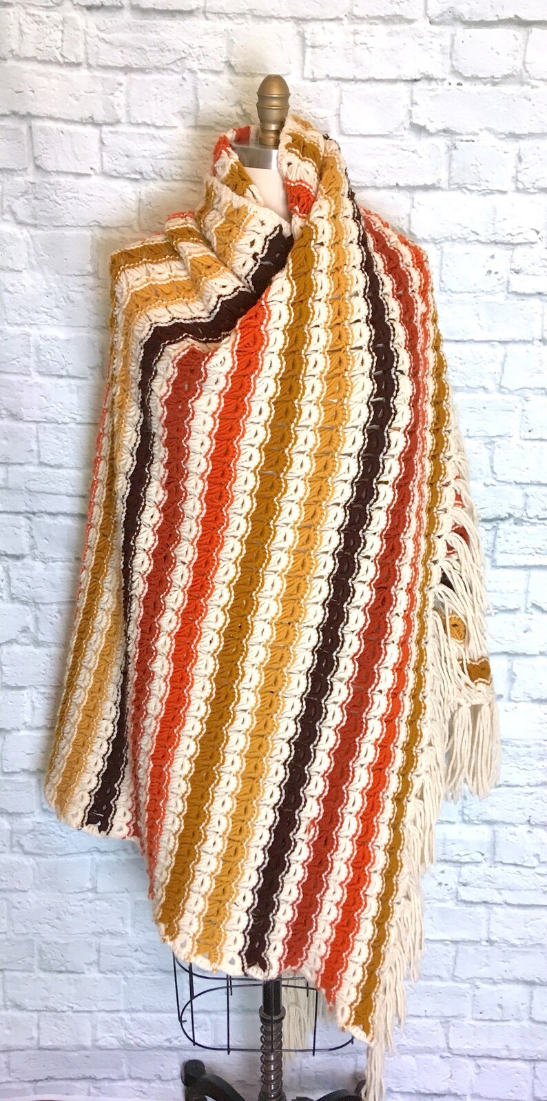 Vintage 70s Crochet Throw Blanket Afghan Handmade Fringe Ivory Gold Brown Orange 76 X 50