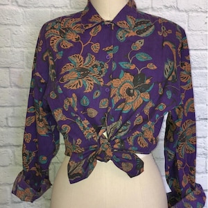 90s Purple Floral Paisley Button Down Spring Long Sleeve Blouse Size 10 oversized vintage retro blouse