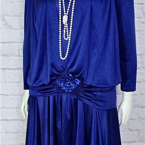 80s does 20s Royal Blue drop waist dress long sleeves Gatsby roaring 20s plus size