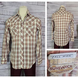 70s Shirt Western- Plaid brown gold red- Snap Front-  Sundance Southwest Cowboy Slim Fit Long L