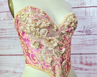 Overbust Corset,Pink Gold  Floral brocade, corset waist cincher cottagecore, Sabrina Vibes, Goddess, Bridal, Fairy castlecore