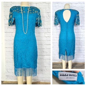 Beaded 80s Dress,Blue silver Aqua, fringe Hem, All over sequin dress silk - mermaidcore, Flapper Gatsby Halloween 20s