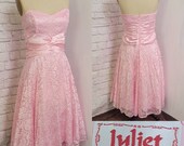 80s 90s does 50s Bubblegum pink glitter lace Midi Prom Dress Strapless SZ M L
