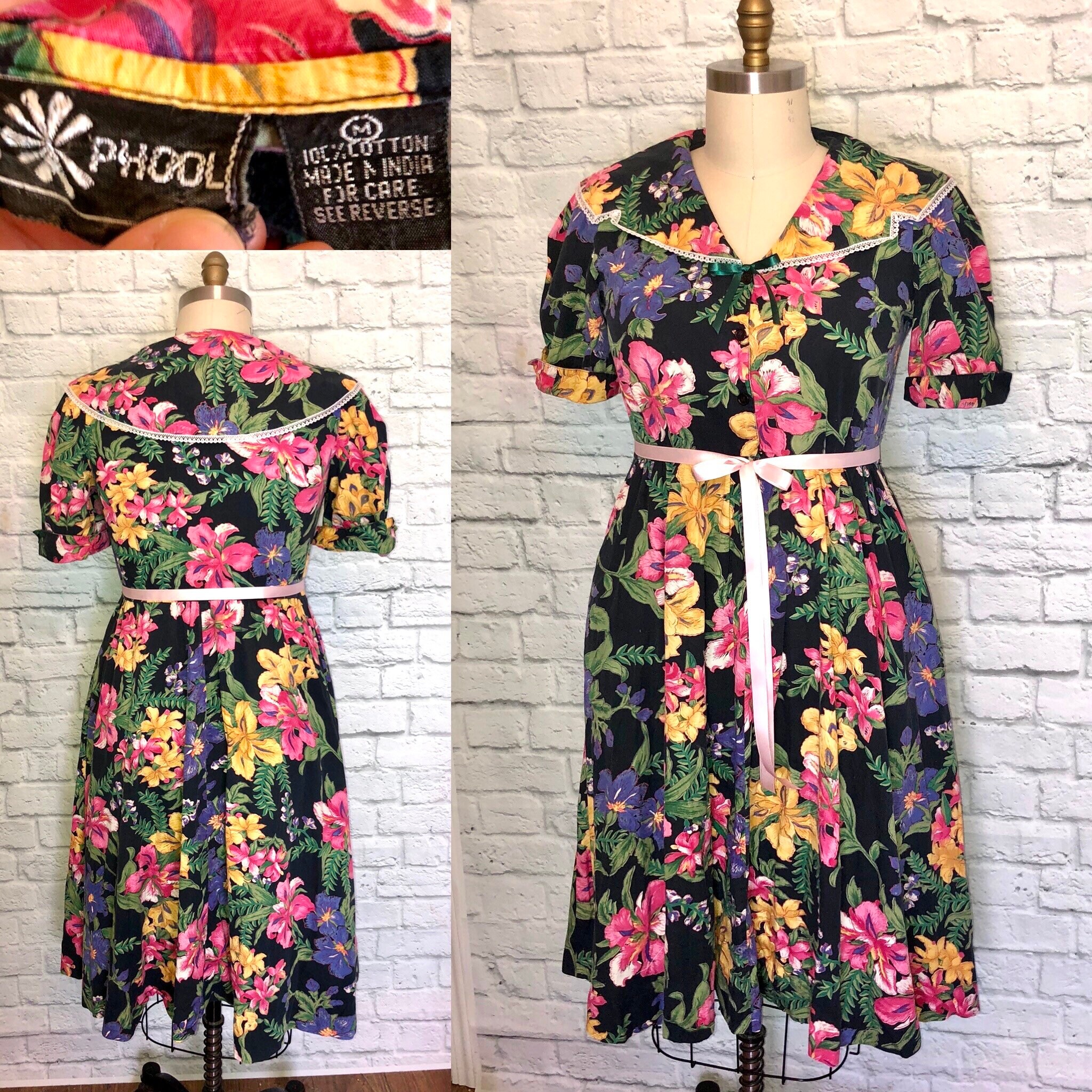 ワンピース 80s cotton Vcollar dress cottage core Vtg 80s COTTAGE CORE Dress With Oversized COLLAR! Medium