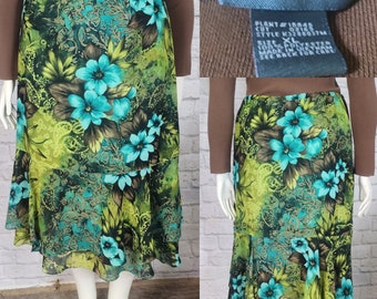 Y2K 90s Plus Size Skirt, Chiffon flared midi, lime green floral mermaid cut
