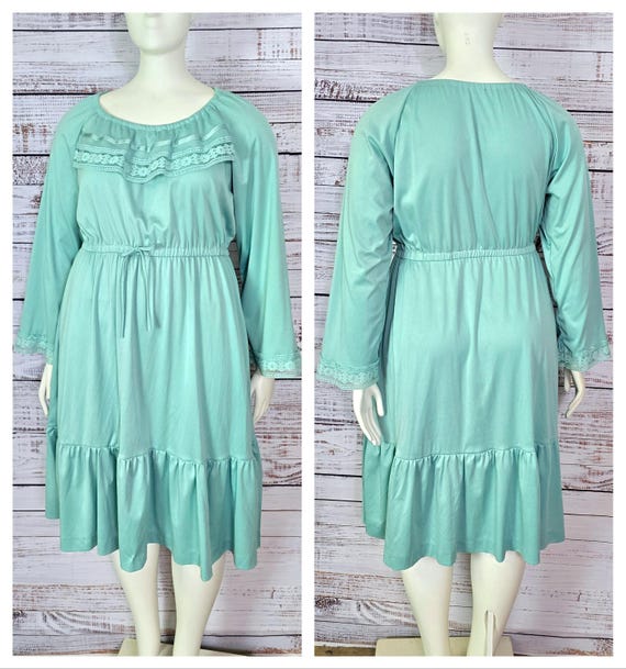 Plus Size 70s Dress Pastel Seafoam Green Lace Ruffle Neck and Hem Midi Length - Bell Long Sleeves Elastic Waist Plus Size 70s Dress Pastel Seafoam Green Lace Ruffle Neck and Hem Midi Length - Bell Long Sleeves Elastic Waist