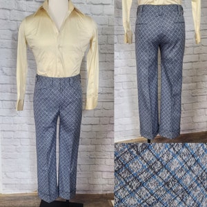 70er Jahre grau blaue Bündchen, Schrägband, Karo Hose Hose Polyester Disco