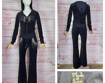 Y2K Velour Tracksuit, low-rise flared pants, Rhinestone details, V neck Hoodie scrunch bust, stretchy velvet Plush N Lush