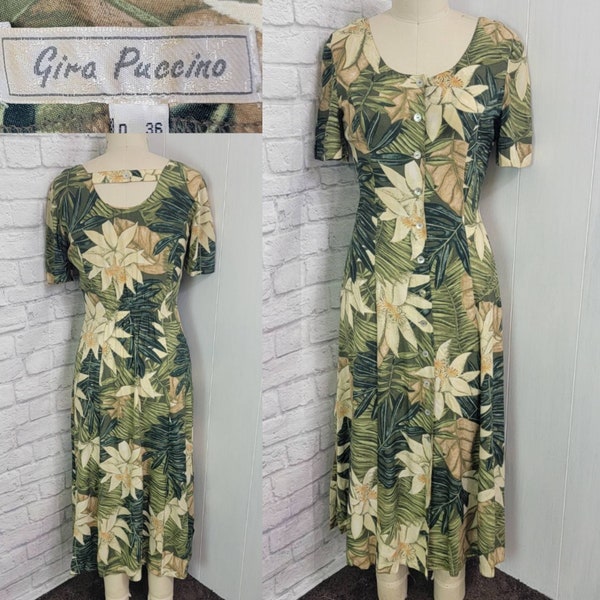 90s Hawaiian safari Shift princess cut Dress maxi  Large Leaf Print Size L