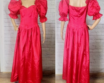 80s Red Prom Dress, Puff Sleeve, Bridesmaid V waist, Fit Flare, taffeta maxi long