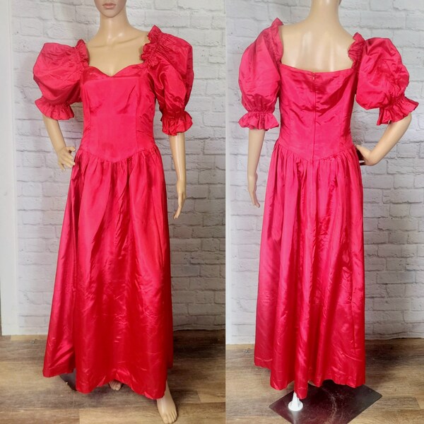 80s Red Prom Dress, Puff Sleeve, Bridesmaid V waist, Fit Flare, taffeta maxi long