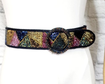 Vtg 80s Magid Beaded Silk Belt OS Colorful Adjustable Cummerbund Style Seed Bead Vintage Magid Sequin Cummerbund Belt 1980s 1990s Wide Beaded  main image 4