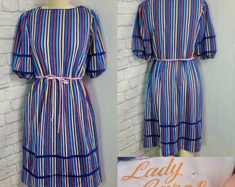 80s Secretary Dress Rainbow Multi color Bright Stripe Puff sleeve elastic waist Large Fit Flare