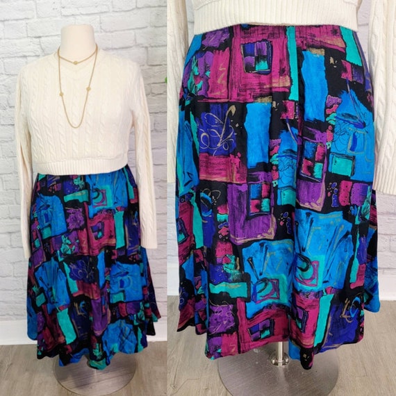 SZ L 1980s Skirt, high waist, Rayon, Elastic Wais… - image 1