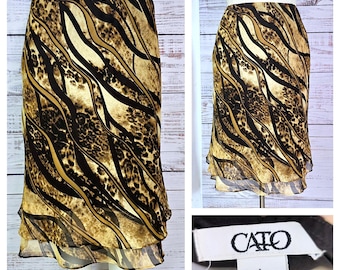 Y2K 90s slip Skirt, Chiffon Bias Cut, brown tan abstract stripes asymmetrical volup size L, below the knee