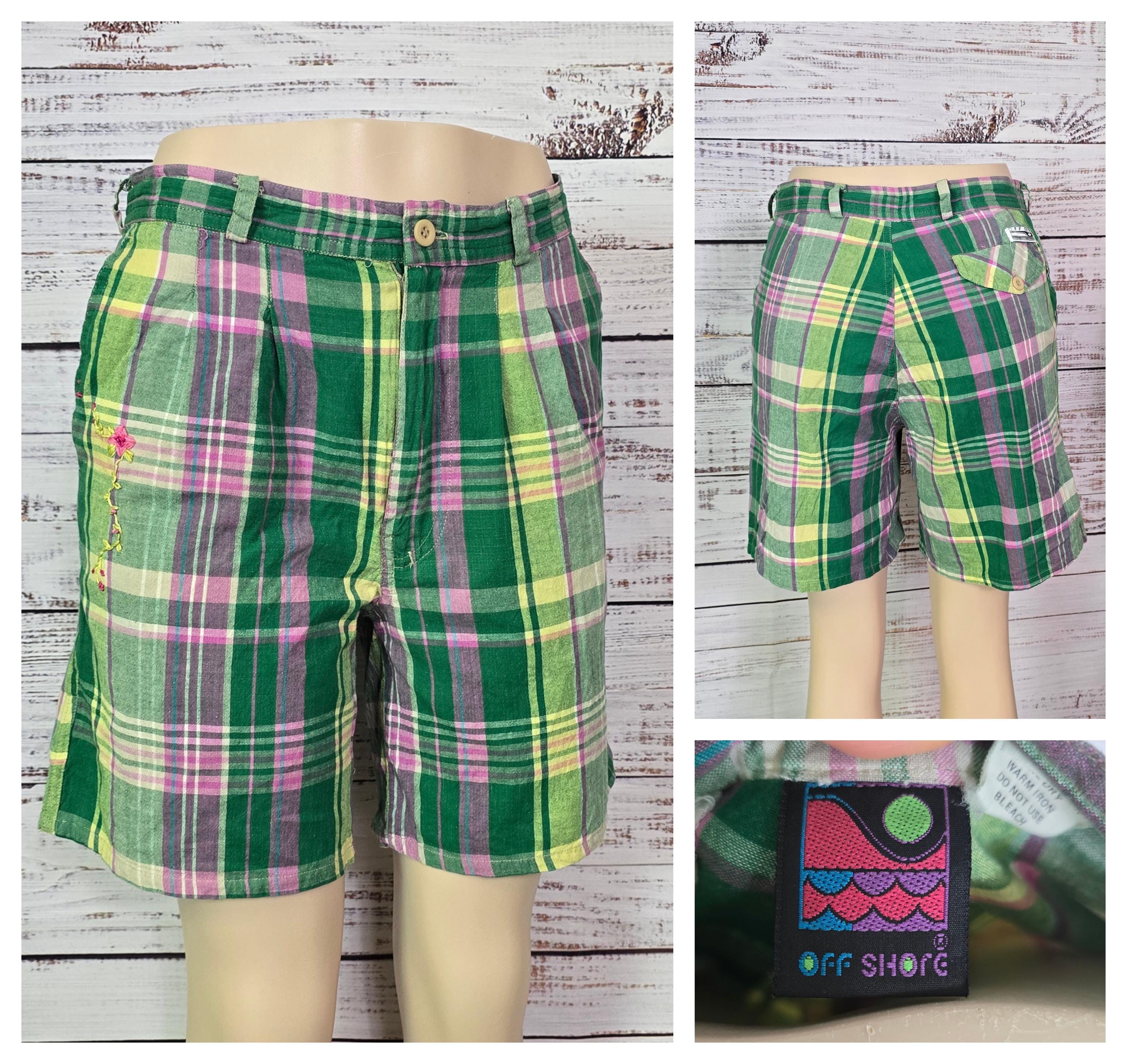 Plaid 90s Shorts, Green Pink, Colorful Cotton Print, Pleated,high