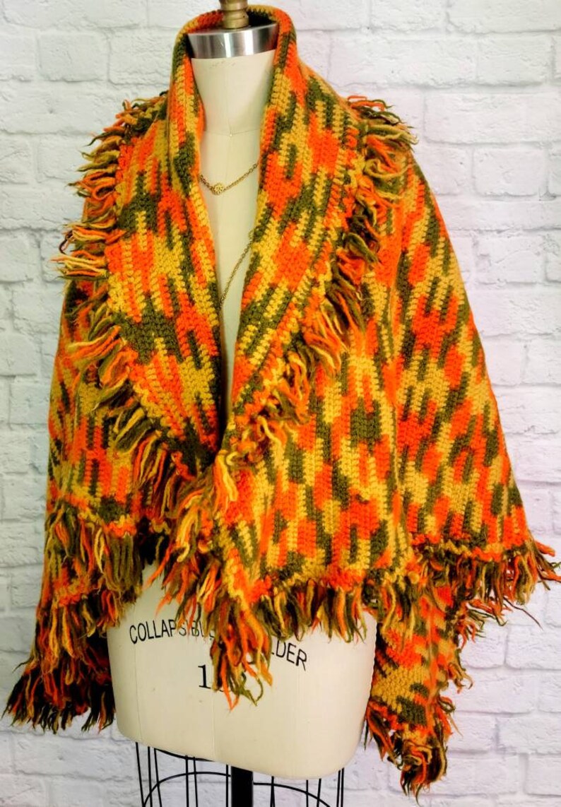 Vintage 70s Crochet Throw Blanket Afghan Handmade Fringe Green Etsy