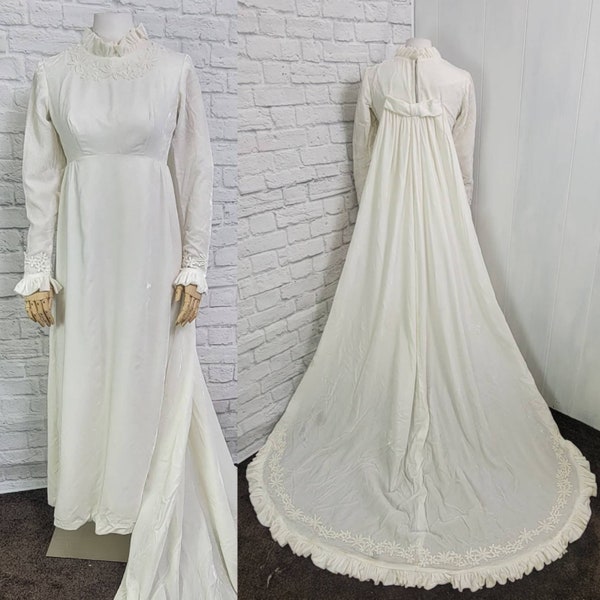 Robe de mariée style régence en velours ivoire des années 60, train amovible Boho Hippie Sax mini dentelle à volants, petite taille XS