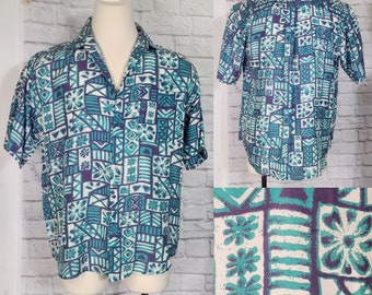 80s Silk Hawaiian button up shirt Sz Large Teal Purple Abstract Print