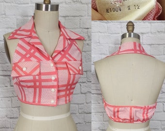 70s Halter Crop Top, coral plaid Dagger Collar Button Front disco festival casual M