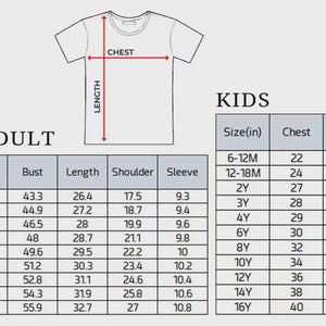 May include: A t-shirt sizing chart featuring a line drawing of a shirt with red arrows indicating chest and length measurements. Two tables provide dimensions in inches for adult sizes XS through 5XL and kids sizes 6-12M through 16Y, listing bust, length, shoulder, and sleeve measurements.