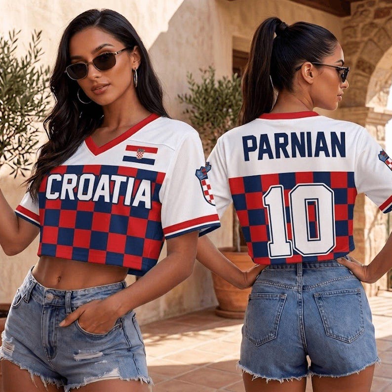 May include: A white V-neck crop top featuring a red and blue checkered pattern on the lower half. The front displays the word CROATIA in bold letters with a small Croatian flag. The back shows the name PARNIAN and the number 10 in white text.