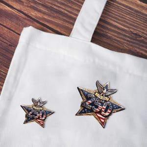 May include: Two star-shaped badges with an American flag design. Each badge displays the number "250" in red, white, and blue, with an eagle and the dates "1776-2026". The badges are on a white surface.