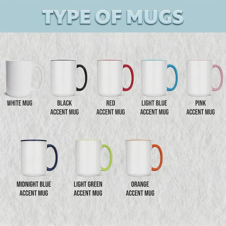 May include: An image displays a variety of white ceramic mugs with different accent colors. The text "TYPE OF MUGS" is at the top. The mugs include black, red, light blue, pink, midnight blue, light green, and orange accents. Each mug has a corresponding label.