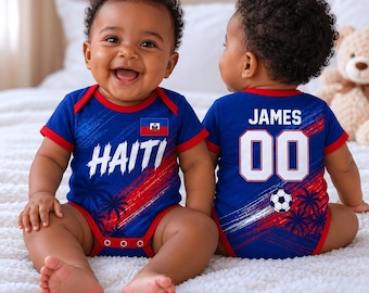 Haiti Baby Bodysuit Soccer Jersey, Personalized Haiti Football Romper, Haitian Flag Baby Shower Gift, Custom Name Number Infant Outfit