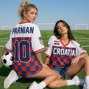 May include: Two white, red, and blue checkered sports jerseys. One jersey features the name PARNIAN and the number 10 on the back. The other jersey features the text CROATIA on the front with a small Croatian flag emblem on the chest.
