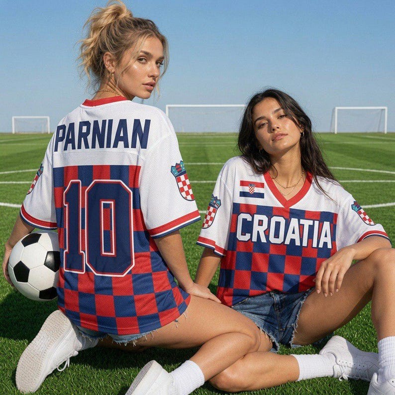 May include: Two white, red, and blue checkered sports jerseys. One jersey features the name PARNIAN and the number 10 on the back. The other jersey features the text CROATIA on the front with a small Croatian flag emblem on the chest.