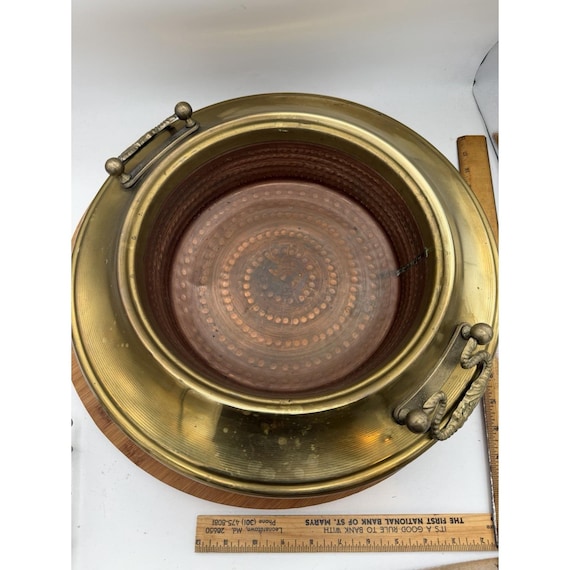 antique hand hammered copper brazier with Brass Snake Handles 16"