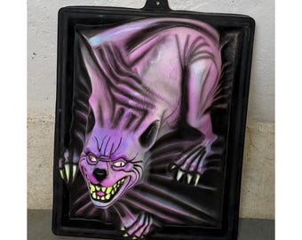 Vintage 1997 Black Light Illusions 3D Horror Cat Plaque R Marino Halloween Glow