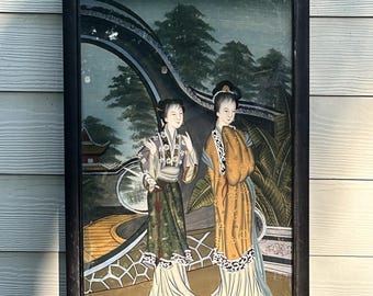 Antique Chinese Original Reverse Painted Painting Woman on the