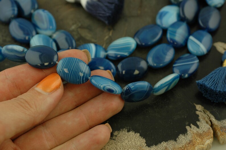 Blue Line Striped Agate Dyed Plain Glossy Smooth Oval Beads Etsy