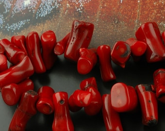 Contas de ramos de coral orgânico vermelho delicioso / Aprox. 10x40mm / Batom Fiery Bright Vermelho / Fabricação de joias ricas, suprimentos para artesanato