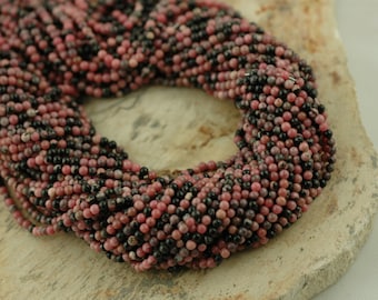 Rhodonite : Mottled Pink & Black Tiny Round Gemstone Beads / 2mm / Natural, Boho, Craft, Jewelry Making Craft Supplies / Semiprecious