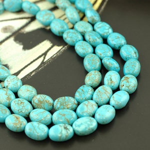 Dyed Blue Magnesite: (Turquoise Color, Stabilized) Smooth Oval Beads With Brown Variegation / 13x17mm. / Jewelry Making, Craft Supplies