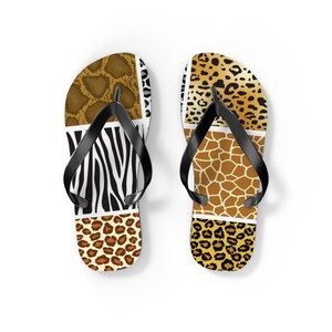 Safari Print flip flops, Animal Print Patchwork Flip Flops | Leopard Zebra Giraffe Sandals