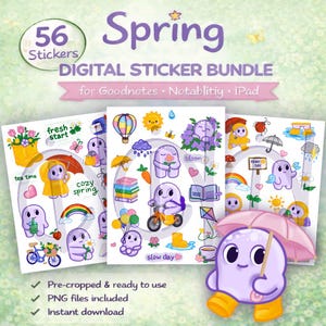 Puede incluir: Un paquete de pegatinas digitales con temática de primavera. La imagen presenta 56 pegatinas con ilustraciones de personajes, flores y elementos meteorológicos. Las pegatinas están diseñadas para usar con Goodnotes, Notability e iPad.