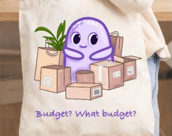 Borsa tote minimalista in cotone – Illustrazione divertente "Budget? Quale budget?"