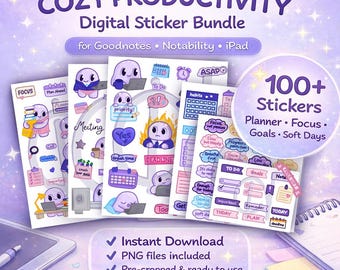 Pacchetto di adesivi digitali Cozy Productivity / Planner, abitudini, obiettivi (Goodnotes/Notability)