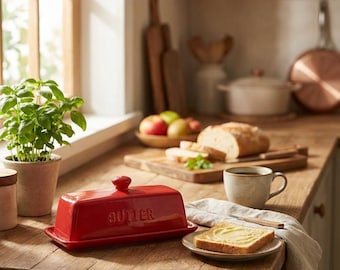 Ceramic Butter Dish with Lid, Non-Slip Textured Tray for 1 Stick Butter Storage