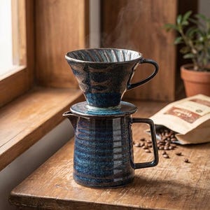 May include: A ceramic pour-over coffee maker set with a dark blue and brown glaze. The set includes a dripper, a lid, and a small pitcher. Steam rises from the dripper, suggesting freshly brewed coffee. The set is on a wooden surface.