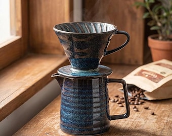 Ceramic pour-over coffee maker set, 15 oz lead-free conical filter and filter.