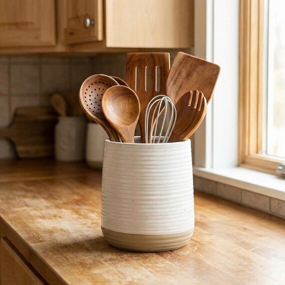 Ceramic Utensil Holder, Farmhouse Style Countertop Organizer for Kitchen Tools