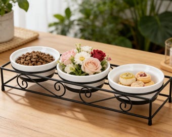 Ceramic Pet Bowl Set with Metal Stand, Elevated Double Dish for Cats and Dogs