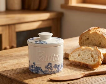 Vintage French Butter Crock with Lid, Reactive Glaze Ceramic Butter Keeper for Countertop