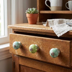May include: Wooden cabinet with three decorative drawer pulls. The pulls are round with a silver base and feature a green and white polka dot and floral design. A small potted succulent sits on top.