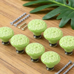 May include: A collection of eight light green ceramic cabinet knobs with a floral design. Each knob has a bronze-colored base and is accompanied by silver and gold screws, arranged on a wooden surface. A green leaf is visible in the background.